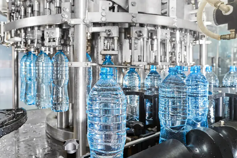 Modern Automated Mineral Water Bottling Line Plant Industrial Background 140708976